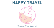 Happy Travel logo featuring a pink outline of a globe with a location pin and the tagline 'Travel The World.